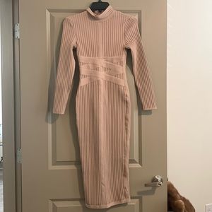 Thick nude knitted knee length long sleeve bandage bodycon dress